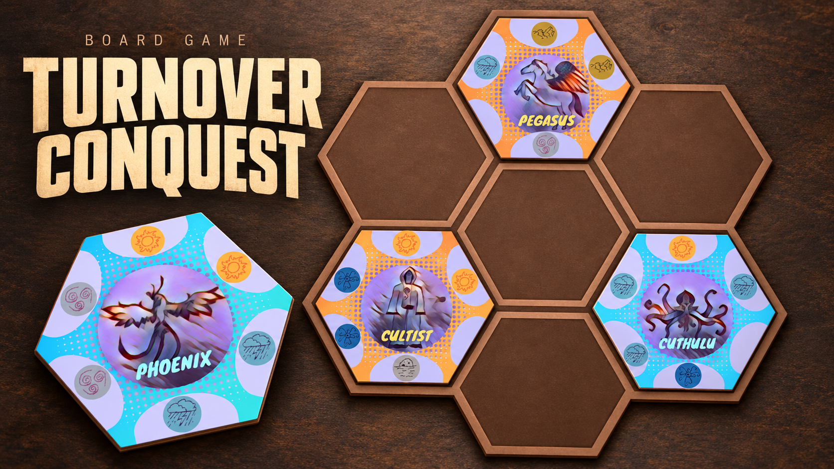 Turnover Conquest cover with its board and character cards